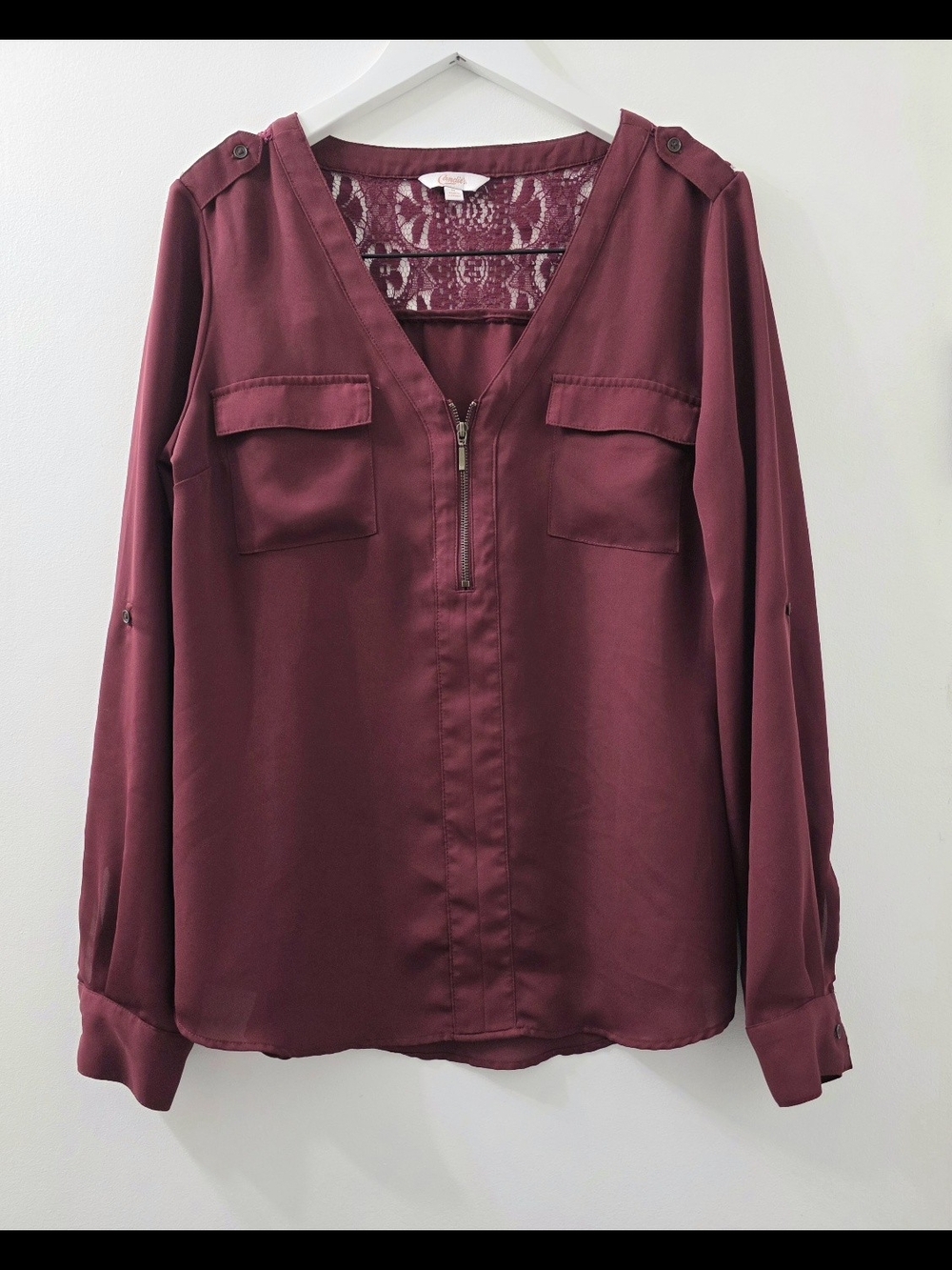 Candie's Women's Wine Red Blouse Sz M Lace Roll Tab Sleeves Whimsigoth Office